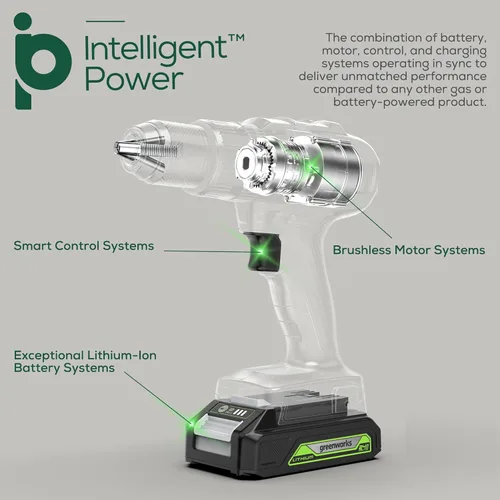Miniatura 2 de Greenworks Kit de taladro inalámbrico sin escobillas de 24 V, 310 pulgadas/libras, embrague de 18+1 posición, portabrocas sin llave de 1/2 pulgada