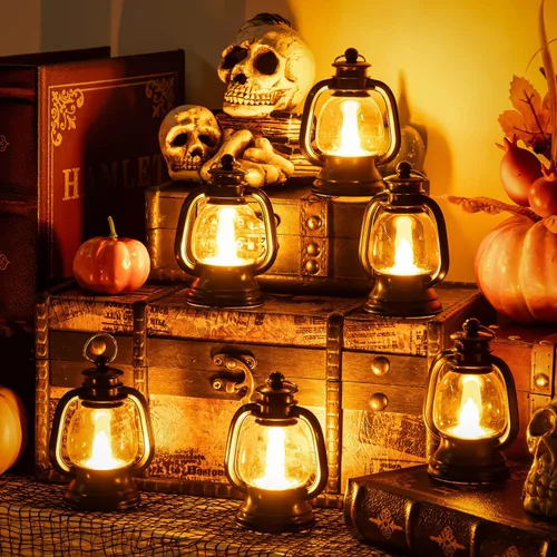 Miniatura 4 de 12 mini linternas de Halloween, centros de mesa para mesas con vela de simulación LED, linterna colgante pequeña de 4 pulgadas, faroles decorativos
