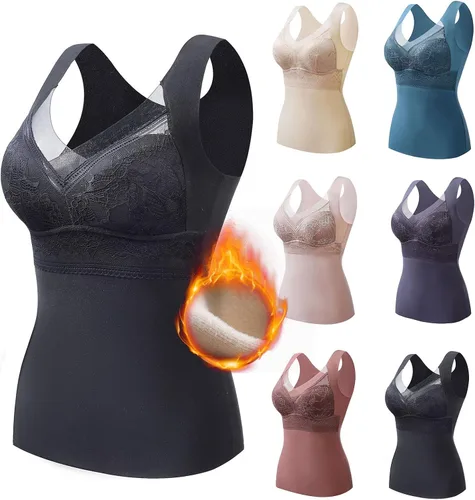 Miniatura 2 de Ropa interior térmica con forro polar para mujer, cuello en V, encaje, camiseta de compresión, chaleco cálido para invierno, capa base