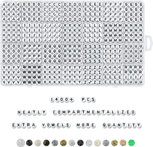 Deinduser R-W0B - 1400 cuentas de letras – Redondo blanco de 0.16 x 0.27 pulgadas para pulseras, joyería acrílica, pulsera con tinta negra, R-W0B