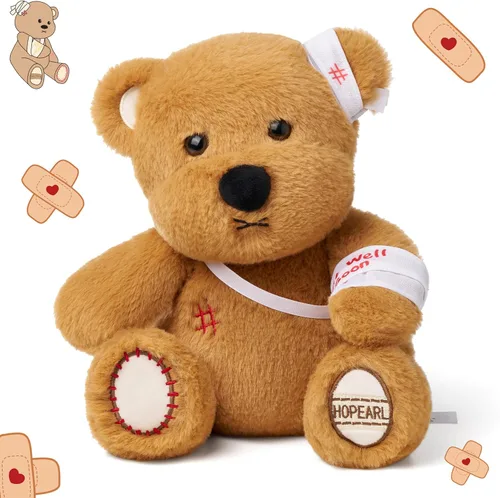 Hopearl Adorable regalo de oso con brazo roto, animal de peluche suave, compañero reconfortante, marrón, 10 pulgadas