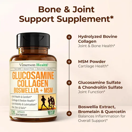 Miniatura 7 de Suplemento de condroitina de colágeno y sulfato de glucosamina con boswellia, MSM, bromelina, quercetina y metionina. Apoyo articular