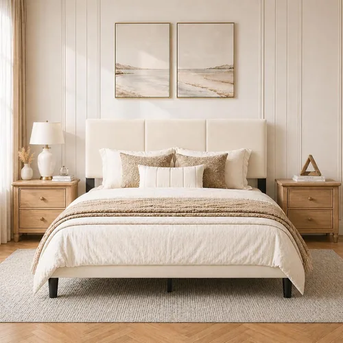 Miniatura 11 de Marco de cama tamaño completo con cabecero – Elegante marco de cama plataforma tapizado con canales verticales acolchados de servicio pesado