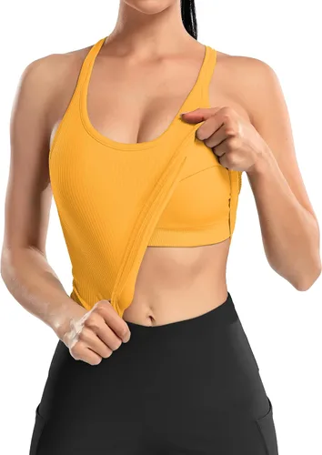 Miniatura 138 de ATTRACO Camiseta corta acanalada de entrenamiento para mujer con brasier integrado para yoga, espalda cruzada, ajuste ajustado