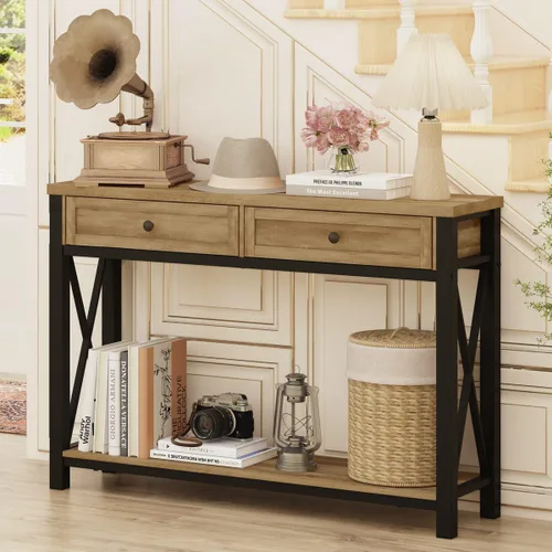 Miniatura 15 de BON AUGURE - Mesa de consola rústica detrás del sofá, mesa industrial de entrada con estantes, mesas de sofá de 3 niveles estilo granja para sala