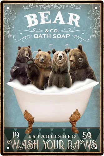 Divertido oso decorativo vintage para baño y bañera, letrero de hojalata de metal para decoración de oso para amantes de las mascotas, regalo de