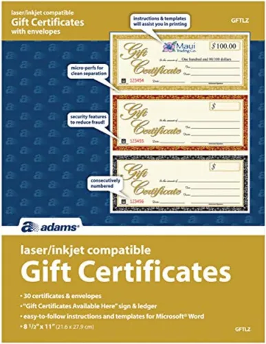 Adams Certificados de regalo, compatible con láser/inyección de tinta, 3 unidades, 30 por paquete con sobres (GFTLZ), color blanco