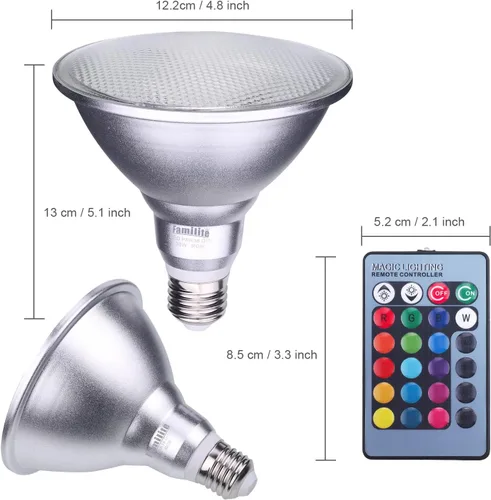 Miniatura 2 de PAR38 - Bombilla LED para proyector, 30 W, cambio de color, luz de paisaje RGB controlada a distancia, regulable E27 a base de lámpara de césped