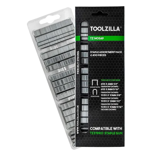 TOOLZILLA Paquete surtido de grapas, 4,400 piezas, variedad para pistola de grapas y grapadora, incluyendo corona estrecha y corona redonda para