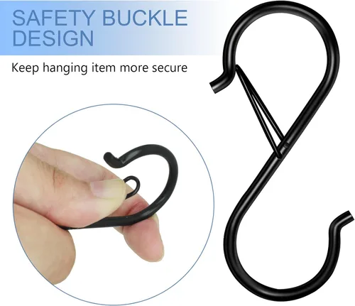 Miniatura 3 de Paquete de 6 ganchos en S para colgar, diseño de hebilla de seguridad de 3.5 pulgadas, ganchos en S negros de metal resistente para colgar plantas