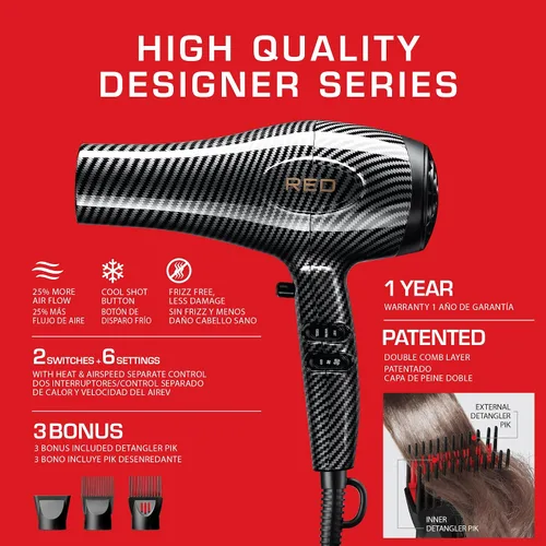 Miniatura 5 de RED Designer Series 3200 - Secador de pelo, 3 ajustes de calor y 2 velocidades, tiro fresco, 25% más flujo de aire, Pik desenredante patentado