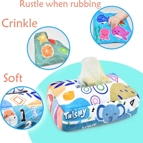 Miniatura 3 de Juguetes para bebés 6-12 meses, juguete de caja de pañuelos montessori para bebés 6-12 18 meses, juguetes sensoriales suaves con contraste y crujido