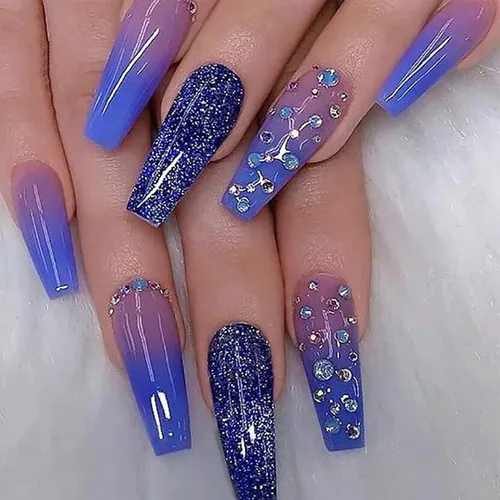 Miniatura 11 de 24 uñas postizas cuadradas de color negro brillante, de cobertura completa, con diseños de notas musicales, uñas postizas acrílicas con pegamento
