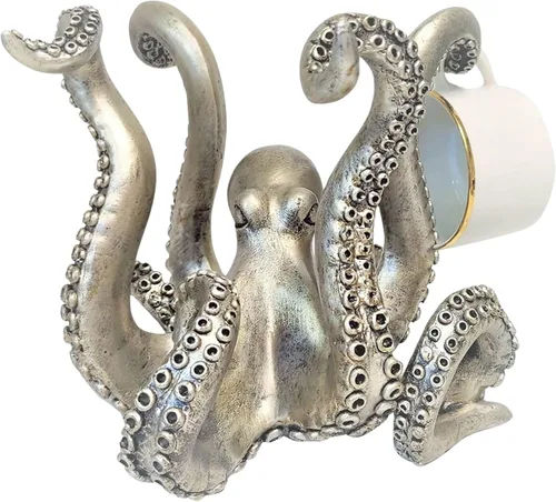 BestGiftEver Soporte para taza de café de pulpo de estilo vintage en tonos plateados, accesorio de estatua de bar de comedor de cocina, soporte para