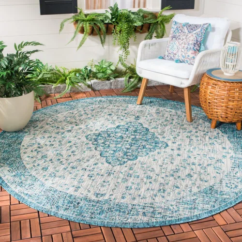 Miniatura 9 de SAFAVIEH Alfombra lavable para exteriores, colección Courtyard de 2.3 x 6.7 pies, color verde azulado y crema, no desprende pelusa y es fácil