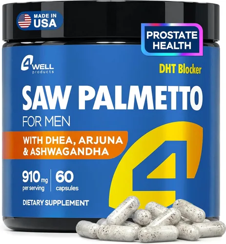 4Well Products Saw Palmetto para hombres y suplementos para la salud de la próstata con extracto de Arjuna, fórmula avanzada Saw Palmetto y extracto