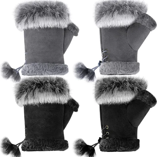 2 Pairs Women Fur Fingerless Gloves Winter Rabbit Fur Half finger Mittens for Women Girls Teen Working Writing