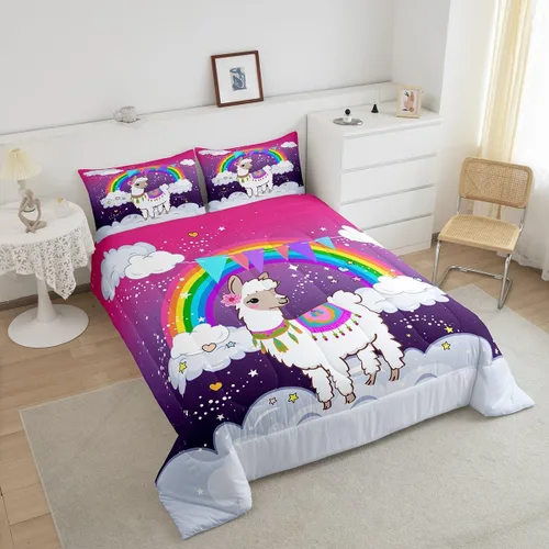 Miniatura 3 de Erosebridal Juego de edredón arcoíris para niños y niñas, bonito juego de ropa de cama de llama tamaño individual, juegos de edredón de alpaca