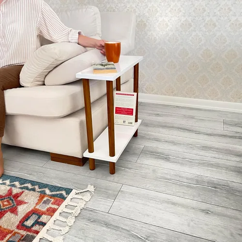 Miniatura 12 de Narrow Small Places - Mesa auxiliar moderna de mármol sintético para sofá sala de estar, mesa auxiliar minimalista delgada de 2 niveles con estante