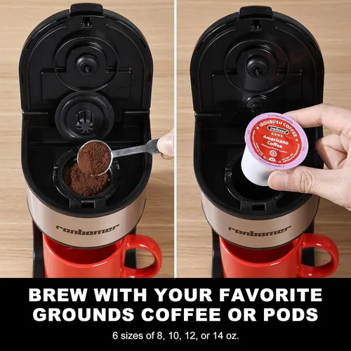 Miniatura 3 de Ranbomer K Cup Coffee Maker, Single Serve coffee machine or Ground Coffee Machine 2 in 1, 6 to 14 Oz Brew Sizes, Mini One Cup Coffee Maker with Self