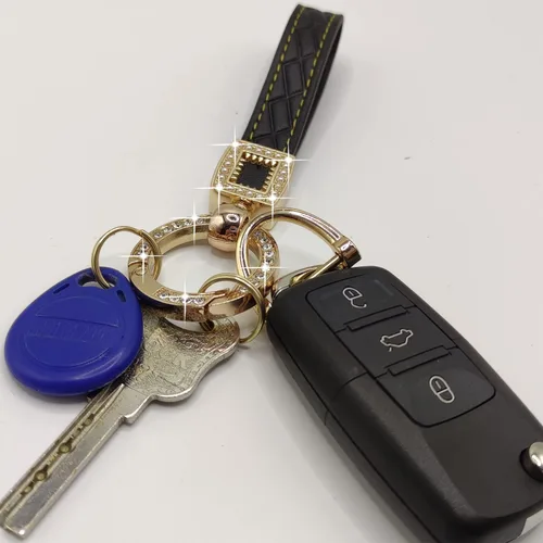 Miniatura 7 de Llavero de cuero de microfibra, llaveros de diamantes brillantes para mujer, soporte para llavero de automóvil con rotación de 360 grados