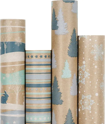 Miniatura 12 de RUSPEPA - Papel para envolver regalos de Navidad, papel kraft café con impresión de elementos navideños negros - 4 rollos de 30 pulgadas x 10 pies