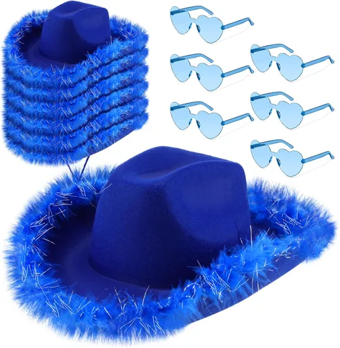 Zhanmai 6 Pieces Cowgirl Hat with Feather Boa and 6 Pieces Heart Sunglasses Set for Girls Bachelorette Party, Costume Party