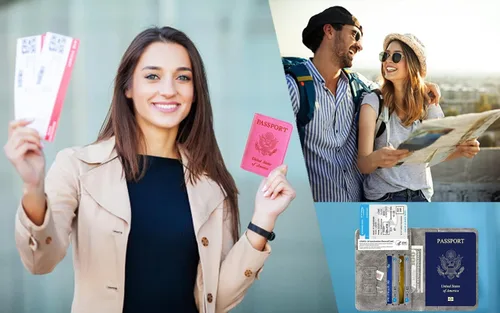 Miniatura 4 de Funda para pasaporte con bloqueo RFID de piel, organizador de documentos de viaje), 43237-2