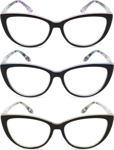 Miniatura 7 de Paquete de 3 lentes de lectura con bloqueo de luz azul, para mujer, diseño elegante de ojo de gato, antifatiga ocular y deslumbramiento, +1.0