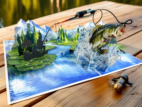 Miniatura 3 de Tarjeta de felicitación desplegable 3D – Tarjeta de pesca hecha a mano con lubina saltarina y lago escénico – Día del Padre, cumpleaños, jubilación