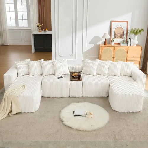 Miniatura 9 de Sofá seccional de 137.5 pulgadas, sofás modulares sin hueso para sala de estar, cómodo sofá de pana de felpa de asiento profundo, moderno sofá