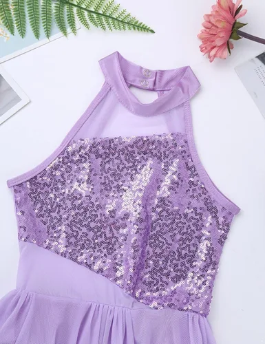Miniatura 22 de YiZYiF Vestido de baile de lentejuelas para niños y niñas, leotardo de ballet, cuello alto, vestido lírico, traje de rendimiento irregular