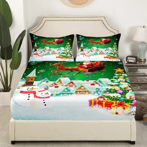 Miniatura 5 de Manfei juego de sábanas de Navidad tamaño completo, juego de sábanas con muñeco de nieve y árbol de Navidad de 4 piezas con sábana bajera de Multi 03