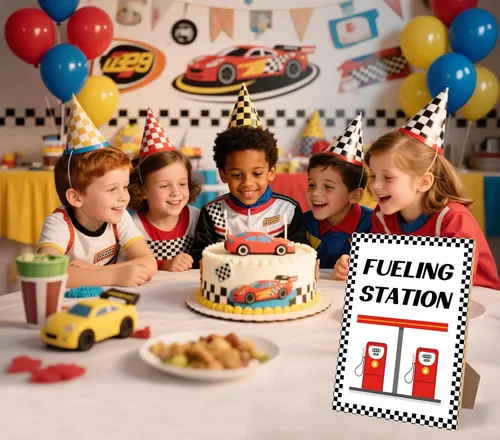 Miniatura 5 de Decoraciones de fiesta de cumpleaños de coche de carreras, letrero de estación de combustible, decoraciones de cumpleaños rápidos uno y dos, placa