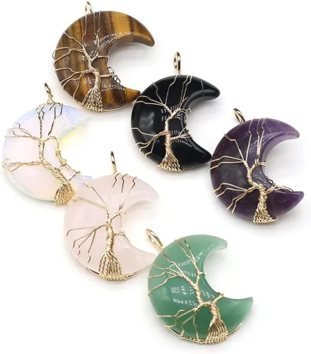 Miniatura 2 de 4 colgantes de piedra natural, forma de luna, chakra, cristal, ágata, alambre de piedra, tejer, diseño de árbol de la vida para hacer joyas