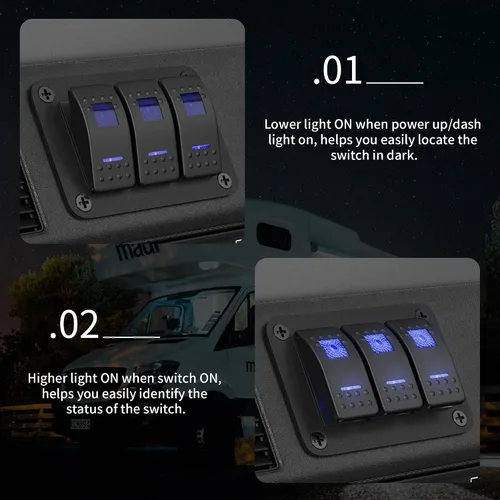 Miniatura 3 de DaierTek Panel de Interruptor Marino Impermeable 12V Panel de Interruptor Basculante de 3 Bandas Luz LED Azul Interruptor de Palanca Panel