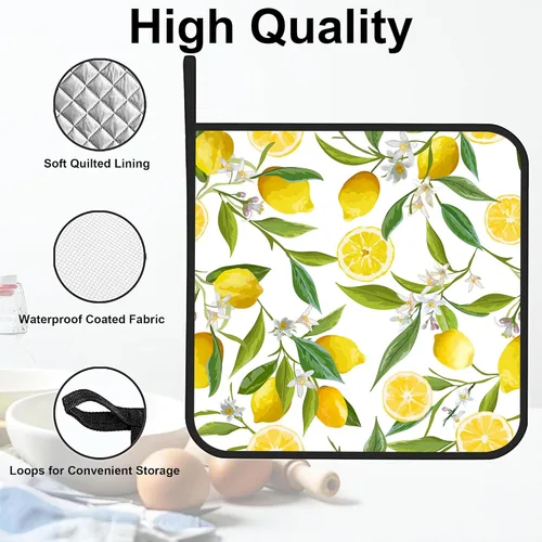 Miniatura 3 de Juego de 2 soportes para ollas de frutas de limón, resistentes al calor y antideslizantes, almohadillas calientes para horno de flores blancas