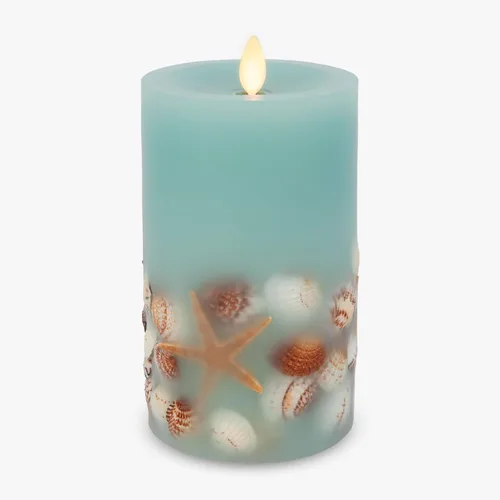 Miniatura 17 de Luminara Vela LED sin llama, de cambray suave, incrustada en concha y estrella de mar, pilar de llama móvil, cera real sin perfume con borde