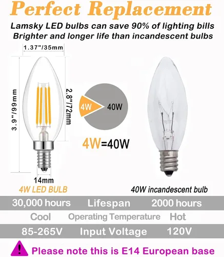 Miniatura 4 de Bombilla Edison de filamento LED de base europea E14, 2 W, blanco cálido, 2700 K, no regulable (paquete de 4)