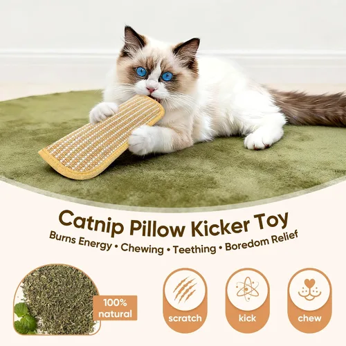 Miniatura 5 de Sisal - Almohada de hierba gatera de juguete Kickers, paquete de 2 juguetes interactivos de hierba gatera con mezcla de hierbas orgánica de 8000 mg