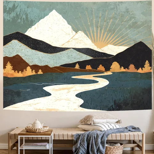 Miniatura 5 de Delur Tapiz Boho de Montaña con Puesta de Sol, Tapiz de Paisaje Natural de Bosque y Árbol para Colgar en la Pared, Tapiz Abstracto Psicodélico