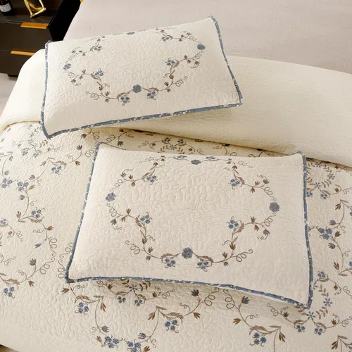 Miniatura 4 de Juego de edredón azul floral con patrón de bordado 3D de 2 piezas, 100% algodón, reversible, acolchado bordado decorativo, cubrecamas, juego