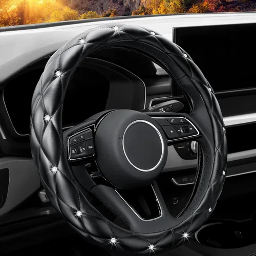 YOGURTCK Linda funda antideslizante para volante de cuero suave con diamantes de imitación de cristal brillantes, universal de 15 pulgadas para