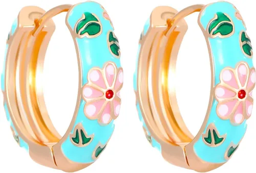 Aretes de aro estilo vintage esmaltados para mujer, elegantes aretes de aro con flores esmaltadas, delicados y coloridos, aretes de aro de moda