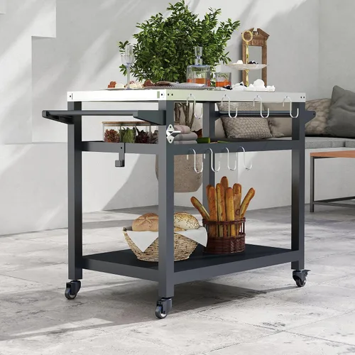 Miniatura 2 de Domi - Mesa de parrilla para exteriores de 3 estantes, carrito de parrilla con ruedas, horno de pizza al aire libre y mesa de preparación
