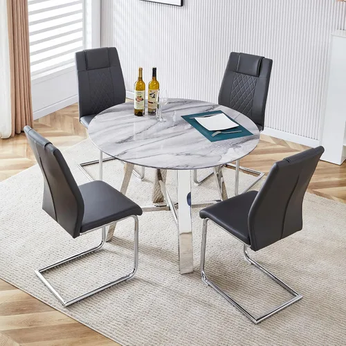 Miniatura 9 de Juego de 4 sillas de comedor redondas de 42 pulgadas para 4, sillas de mesa de cocina modernas para 4 mesas de comedor de mármol sintético, sillas