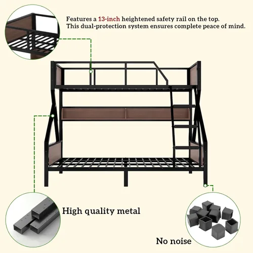 Miniatura 6 de Litera individual XL sobre Queen con estantes de almacenamiento y luces LED, marco de cama de metal resistente con escaleras, diseño sin ruido, cama