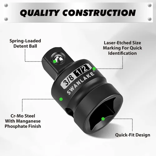 Miniatura 4 de SWANLAKE GARDEN TOOLS Juego de adaptadores giratorios de impacto de 7 piezas, 1/4" 3/8" 1/2" Drive Universal Joint Socket Set CR-MO Steel, reductor