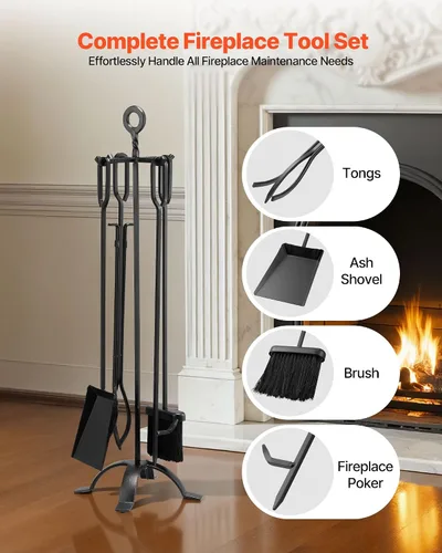 Miniatura 2 de VEVOR Cubo de ceniza, 4 piezas con tapa, pala, escoba y guantes, cubo de carbón de metal para chimenea y lata de cenizas, 4 galones de gran