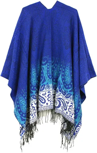 Miniatura 2 de Poncho con flecos, con estampado vintage, estilo retro, a la moda, para mujer. Capa, chal.